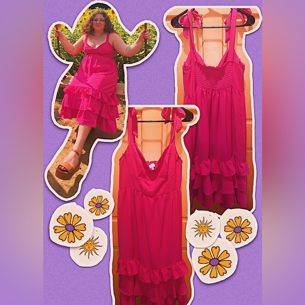 Bright pink midi ruffle dress with bow details barbiecore
